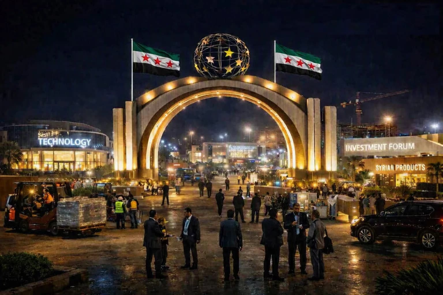 مدخل معرض دمشق الدولي خلال التحضيرات لدورة عام 2026 مع تجهيزات الأجنحة الجديدة.